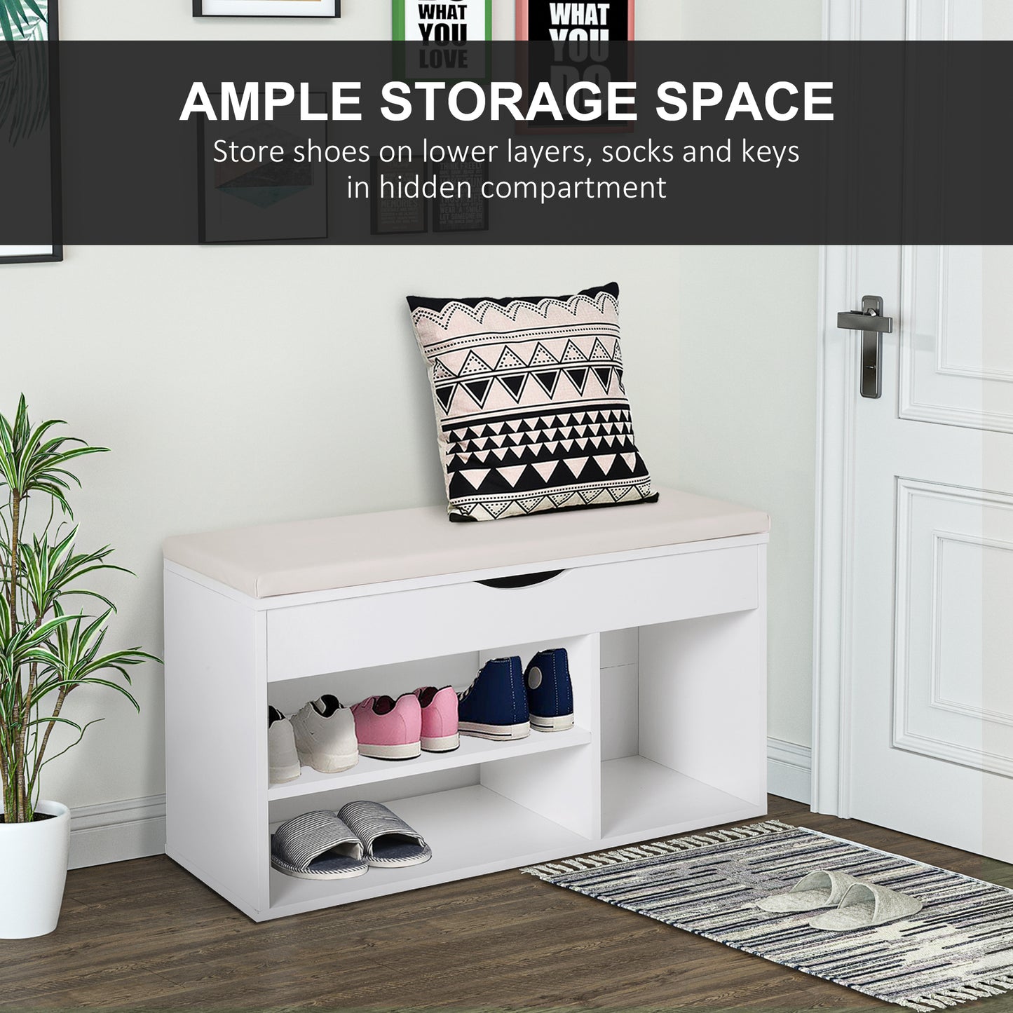 Sokari Wooden White Shoe Storage Bench 1 Drawer And Padded Seat