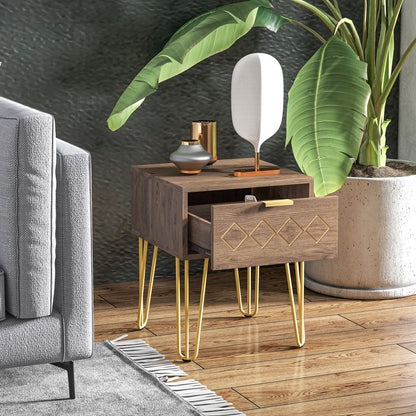 Keso Wooden And Metal Set Of 2 Bedside Tables With Drawers And Gold Tone Legs
