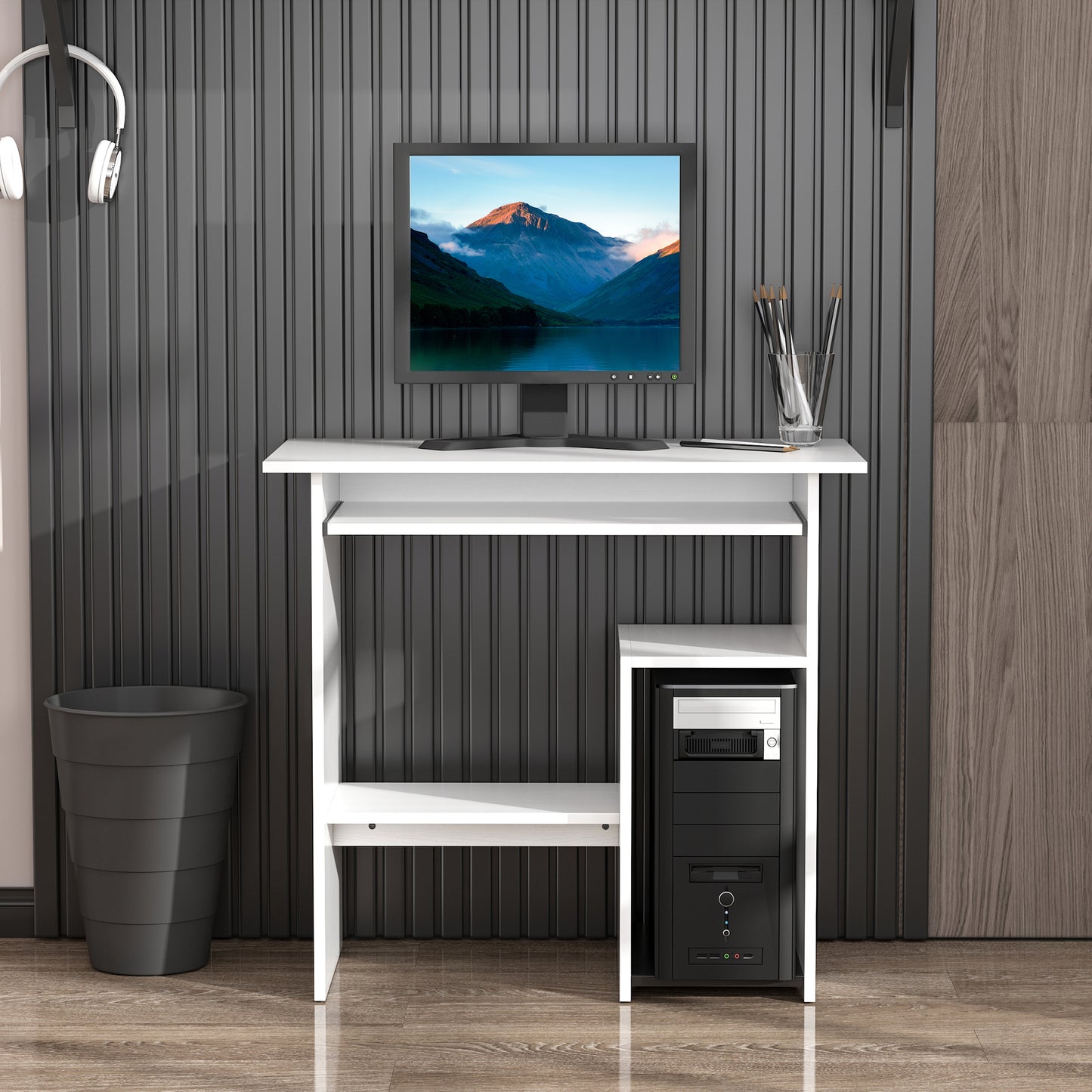 Rolu 100cm Wooden White Compact Corner Desk With Keyboard Tray And Storage Shelves