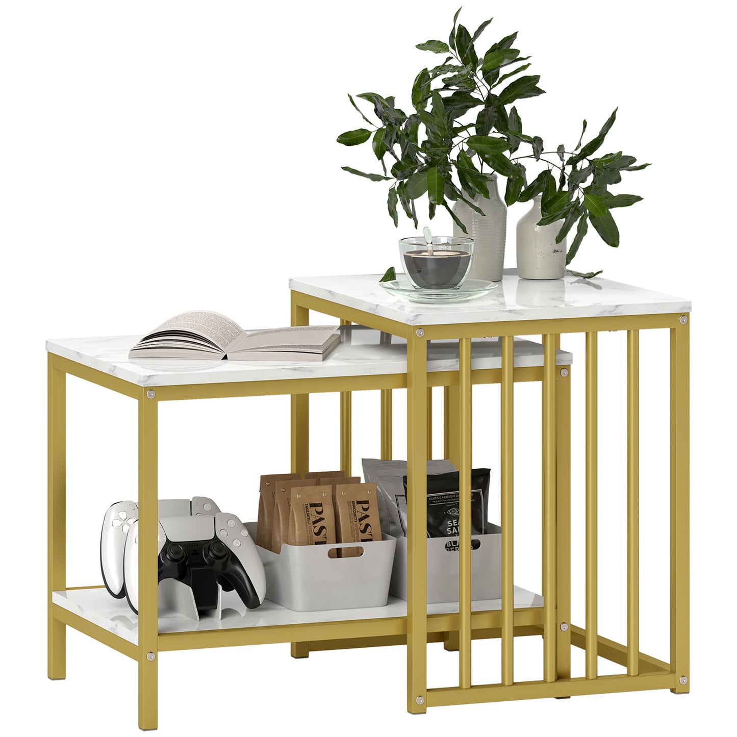 Rolana Set Of 2 Nesting Coffee Tables Metal And Marble Effect and Gold Frame