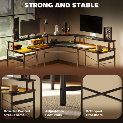 Vevano 138.5cm Black L Shaped Work Desk With Integrated LED Lighting