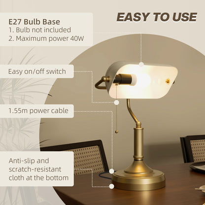 Yori Metal And Glass White Bankers Desk Lamp With Antique Bronze Tone Base