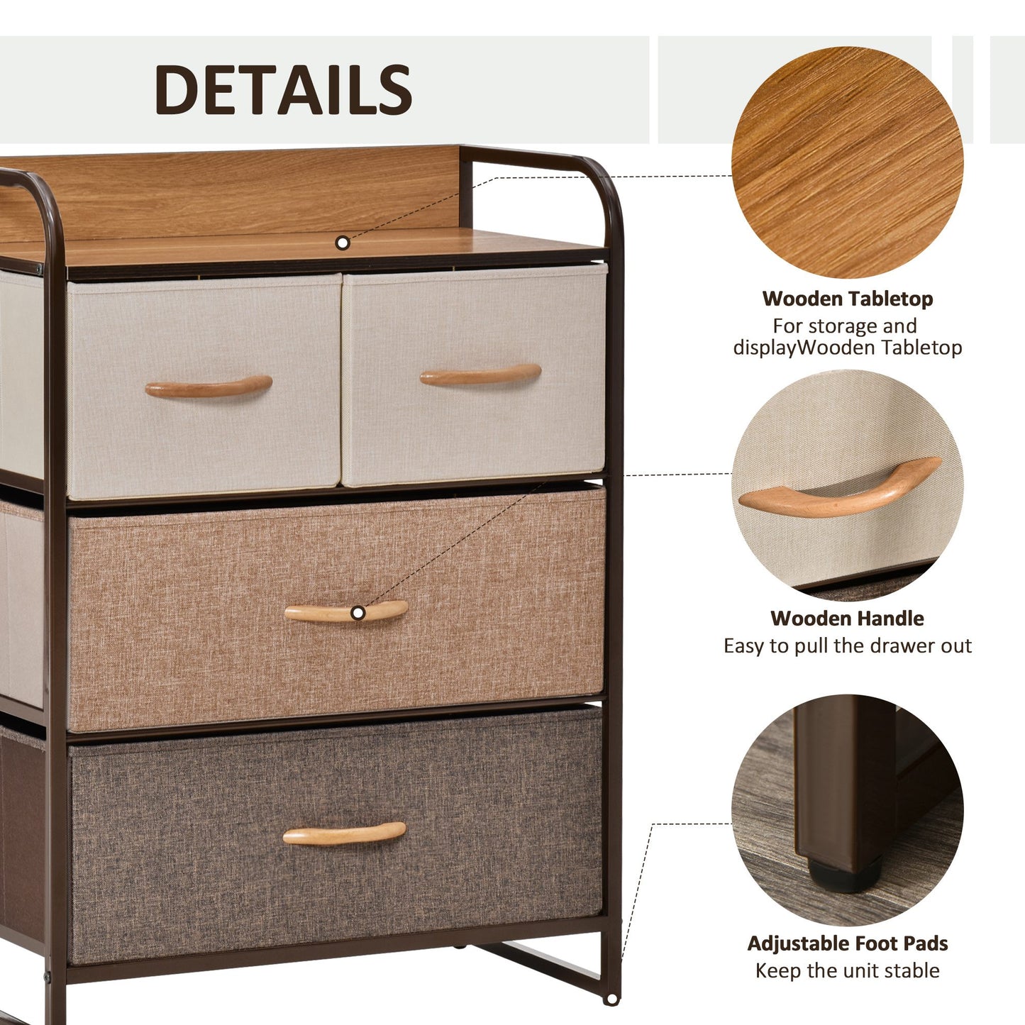 Matilda Natural Wood Top 4 Brown Fabric Storage Drawer and Black Steel Frame