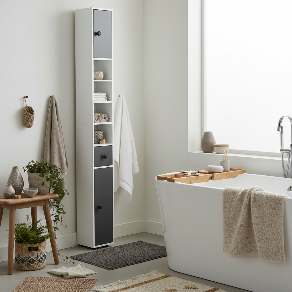 Fidire Tall Slim Grey Bathroom Storage Cabinet With Drawers Shelves And Cupboards