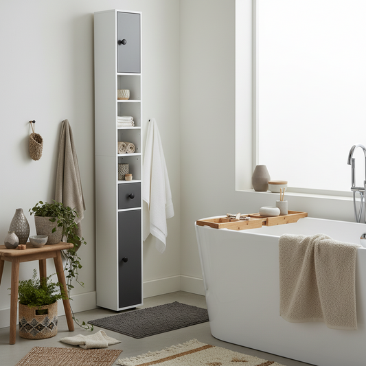 Fidire Tall Slim Grey Bathroom Storage Cabinet With Drawers Shelves And Cupboards