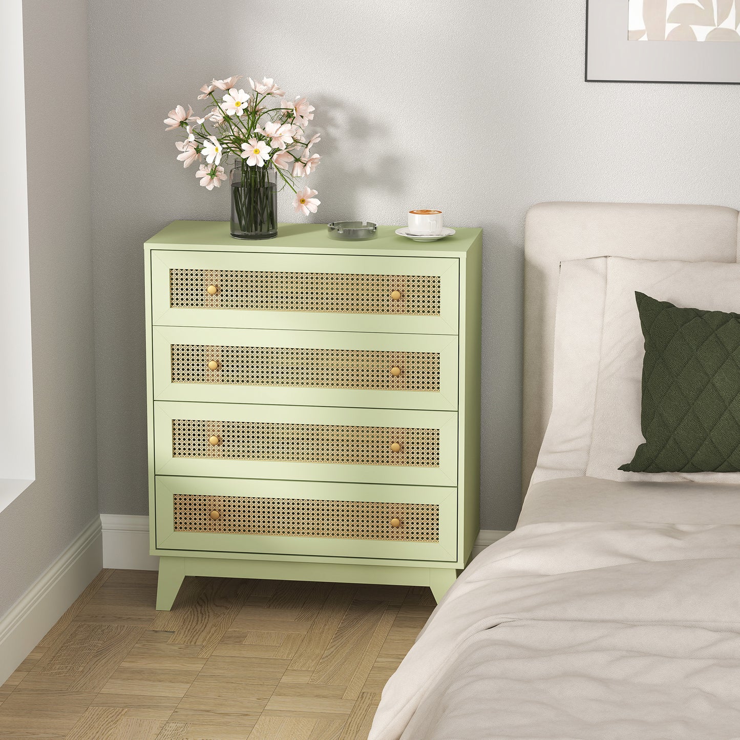 Raritte Wood And Rattan Light Green 4 Drawer Storage Chest With Woven Detail
