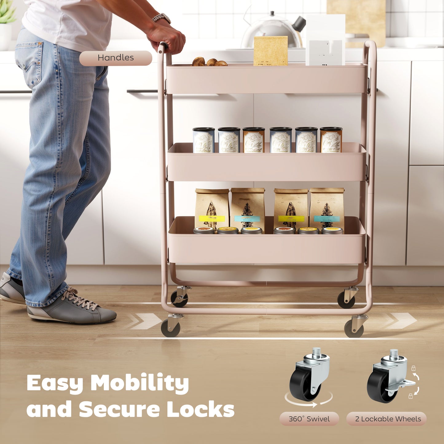Noluli Doha Metal Light Pink 3 Tier Rolling Utility Trolley With Mesh Baskets