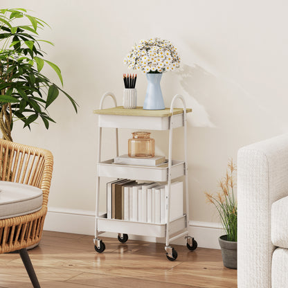 Satoro Wooden White And Oak 3 Tier Kitchen Trolley With Covered Top