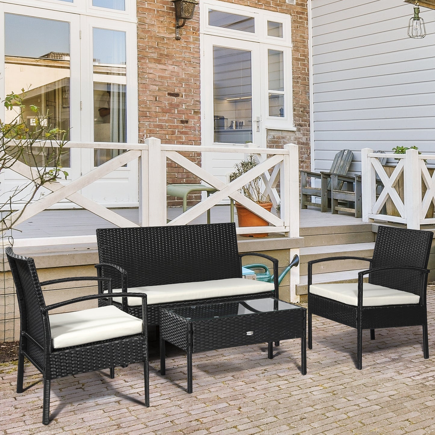 Vayono Rattan Black 4 Piece Garden Sofa Set With Loveseat 2 Armchairs and Glass Coffee Table
