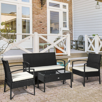 Vayono Rattan Black 4 Piece Garden Sofa Set With Loveseat 2 Armchairs and Glass Coffee Table