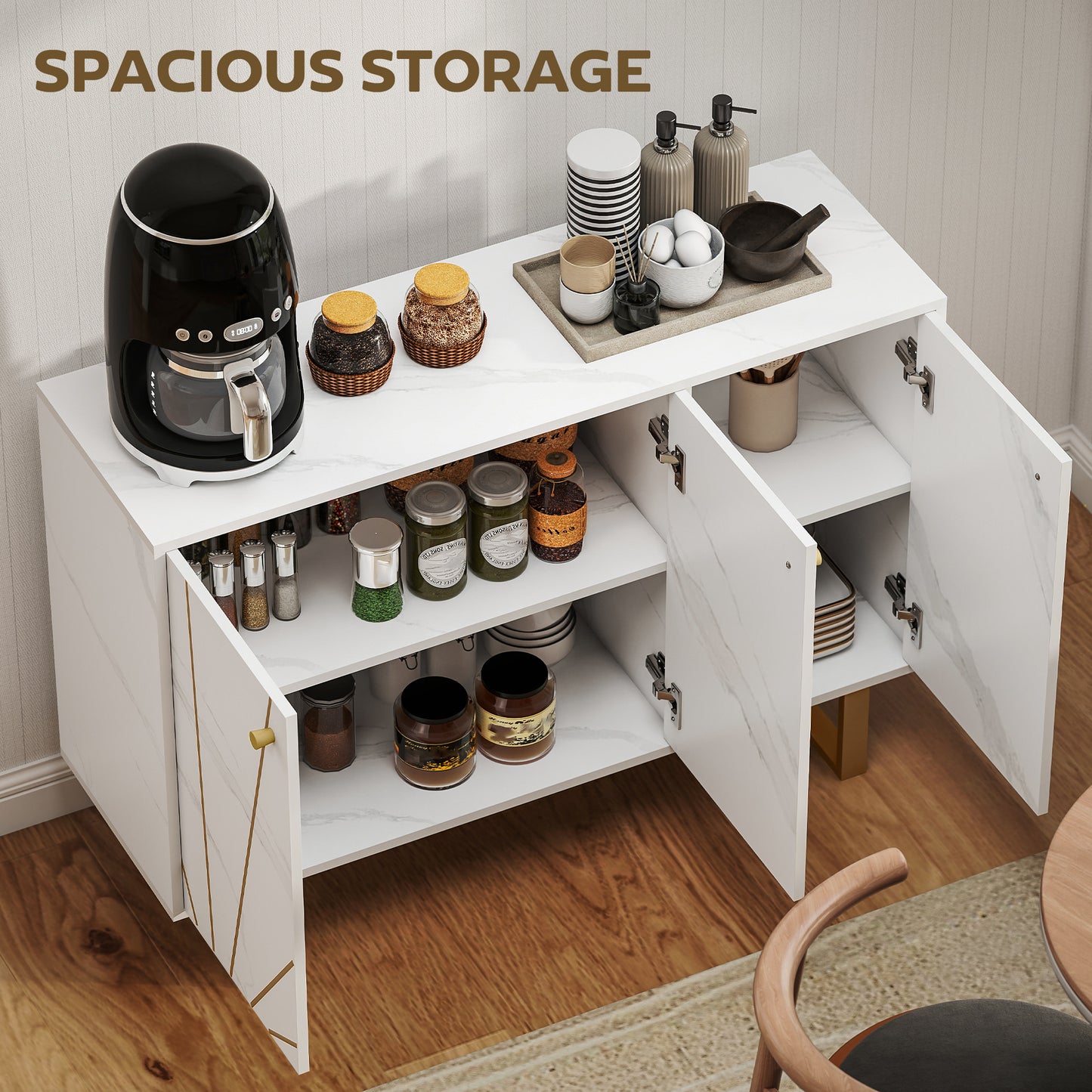 Vekeba Coso 107cm White and Gold Marble Sideboard 3 Doors 2 Shelves