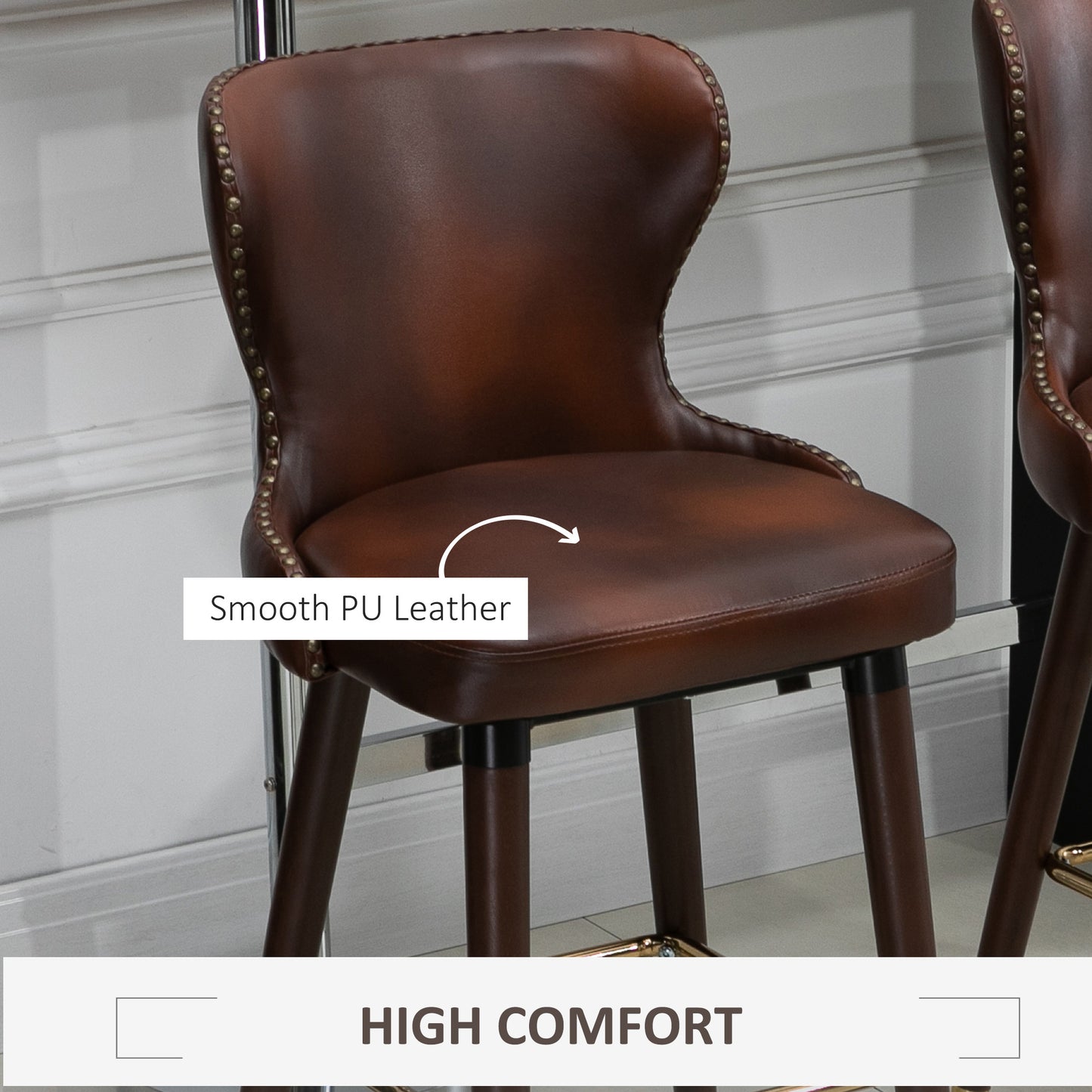 Halotti Faux Leather Brown Bar Stools Set Of 2 With Back Support And Wooden Legs