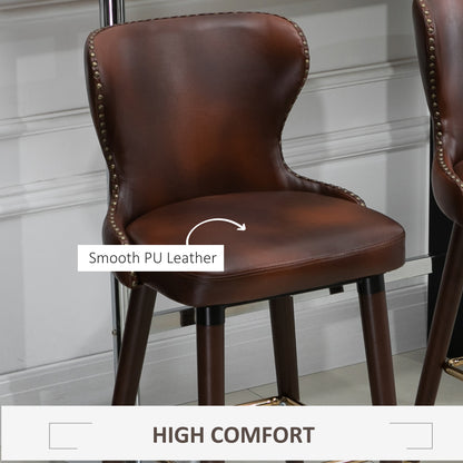 Halotti Faux Leather Brown Bar Stools Set Of 2 With Back Support And Wooden Legs