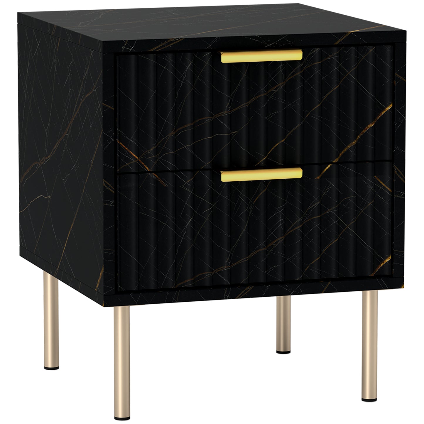 Selu Black and Gold Art Deco 2 Drawer Bedside Table Ribbed Design