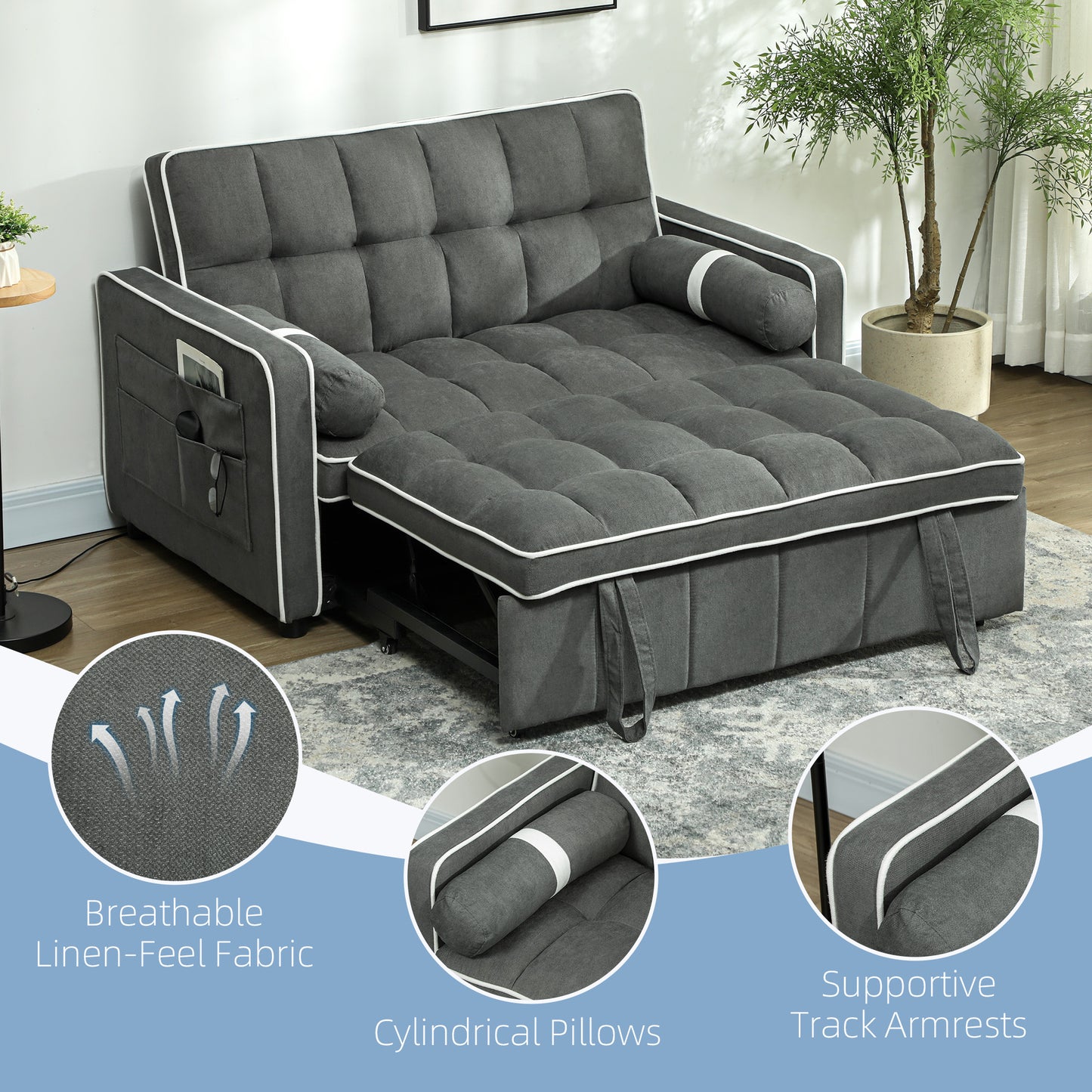 Tapa Linen Effect Dark Grey Upholstered 2 Seater Sofa Bed White Trim