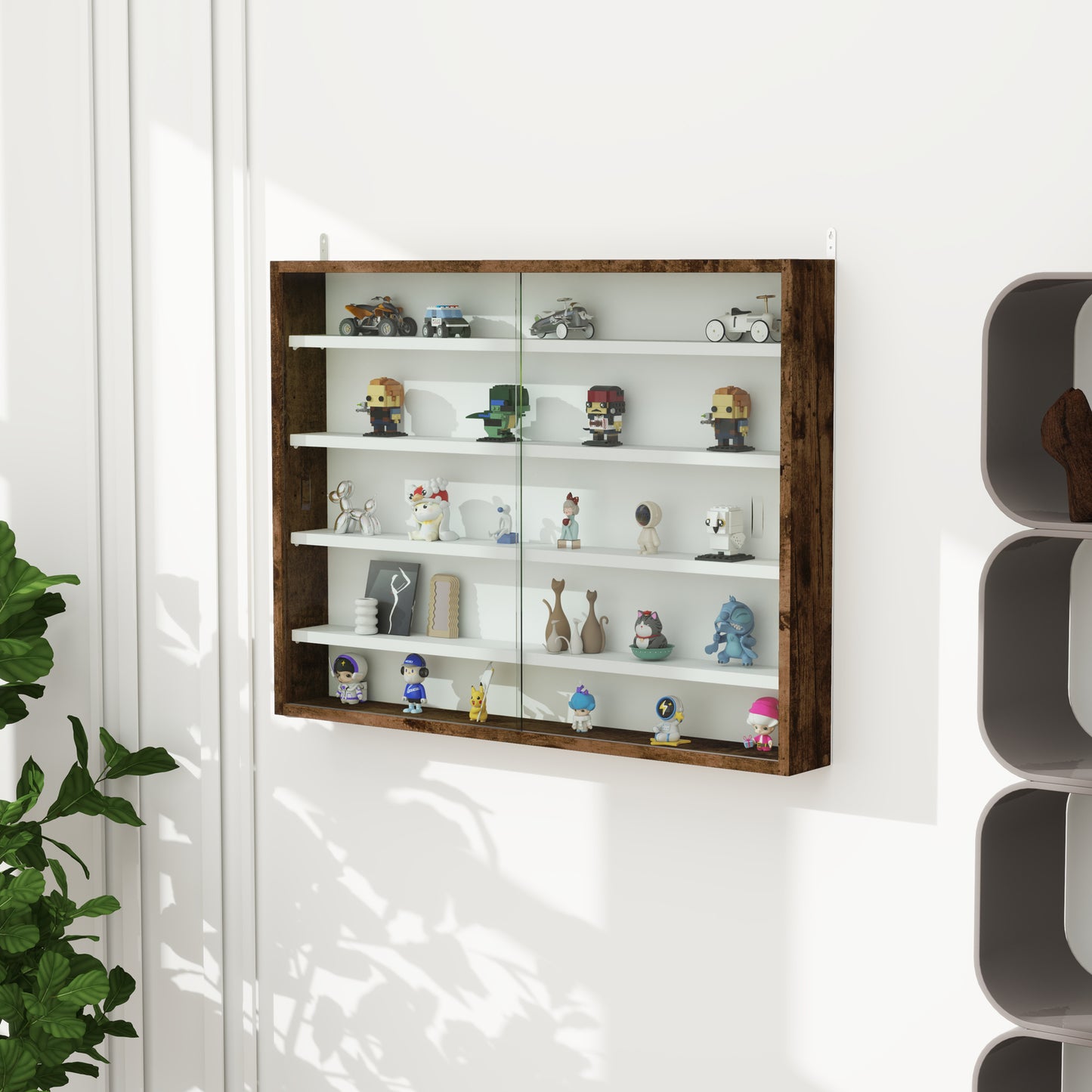 Fitora Wood And Glass Rustic Brown 5 Tier Wall Display Cabinet With Adjustable Shelves 60 x 80 cm