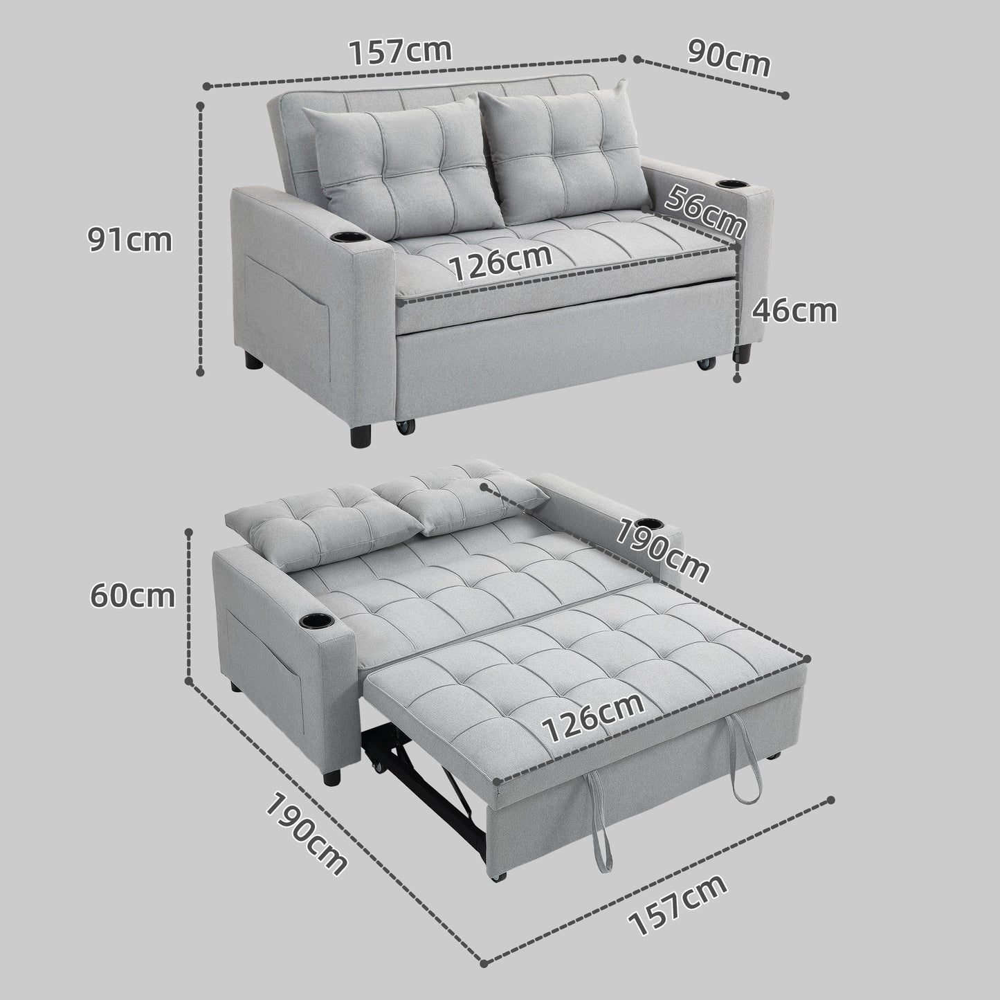Kahani Razi Light Grey Upholstered 2 Seater Pull Out Sofa Bed
