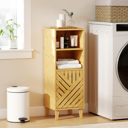 Mire Slim Freestanding Bathroom Storage Cabinet With Bamboo Door Legs And OFauxn Compartments Natural Wood Finish