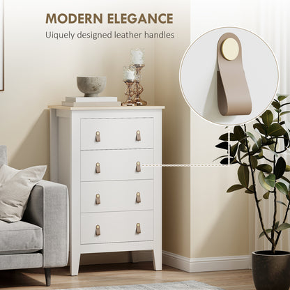 Rasusa Metal And Wood White 4 Drawer Modern Storage Chest With Faux Leather Handles 60 x 40 x 98 cm