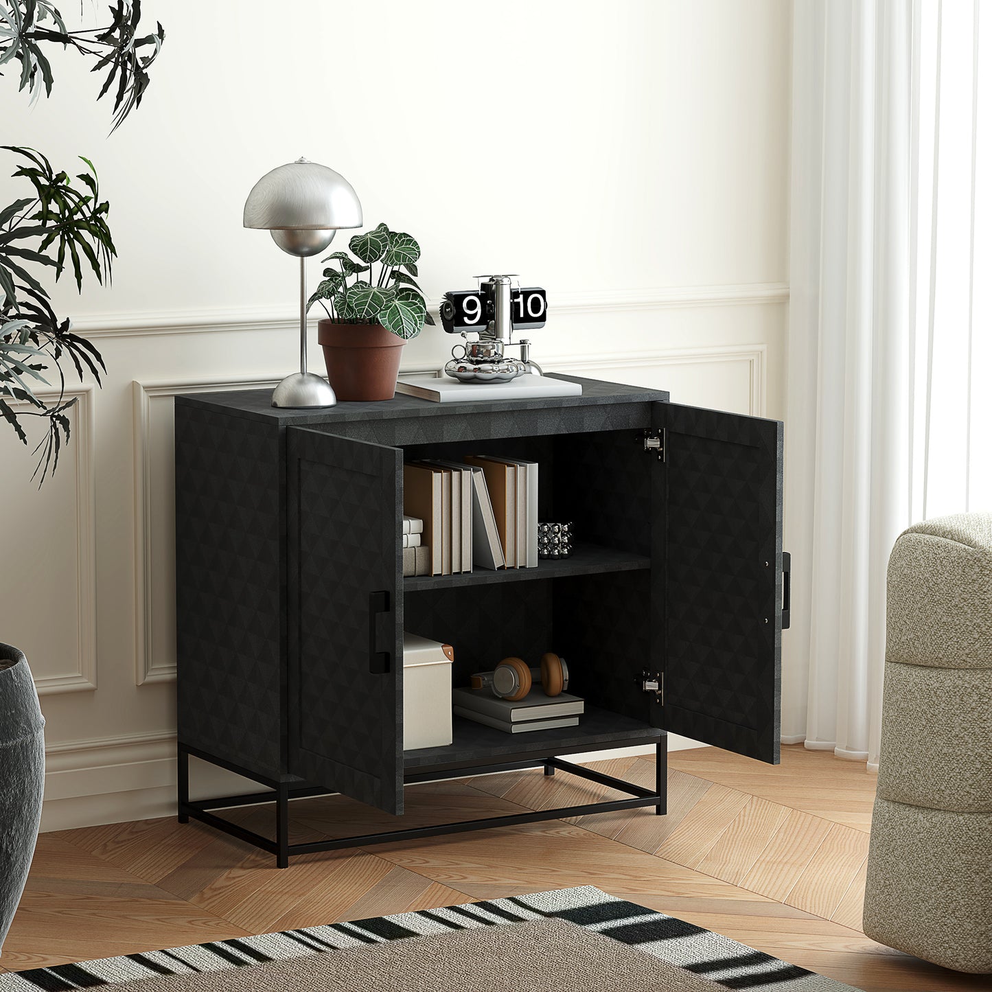 Nelima Black Freestanding Retro Sideboard With Double Doors Geometric Pattern