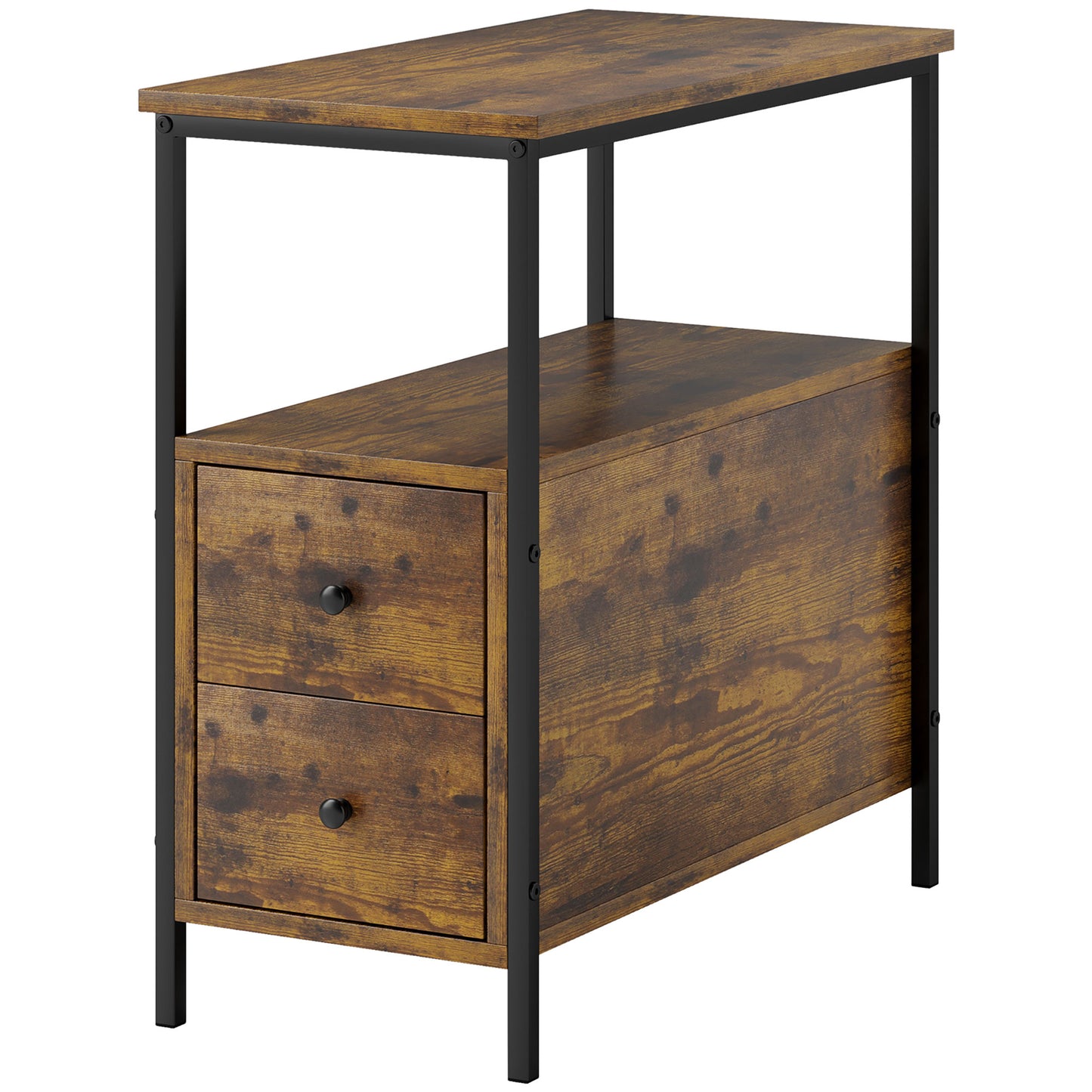 Vino Rustic Brown Narrow Bedside Table With 2 Drawers And Open Top Shelf