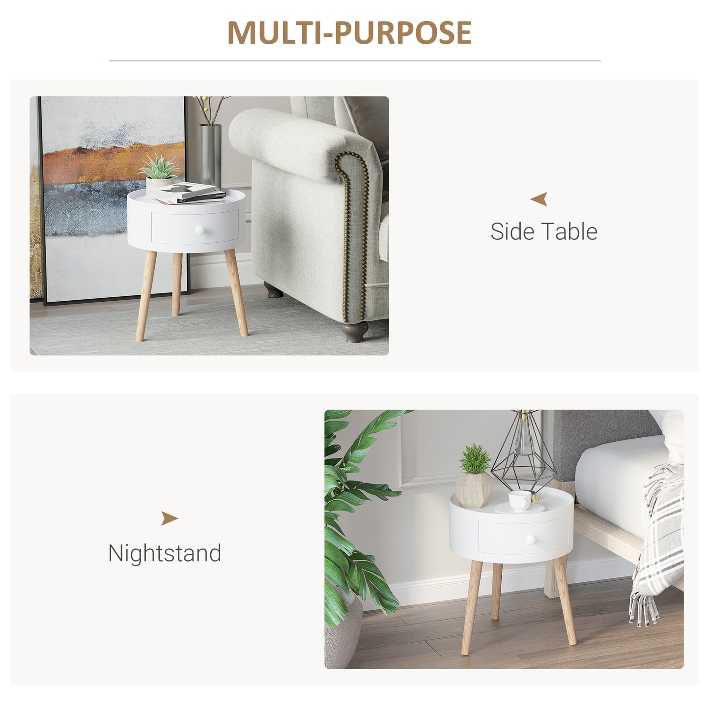 Ladi Wood White Set Of 2 Round Bedside Tables With Drawer Storage