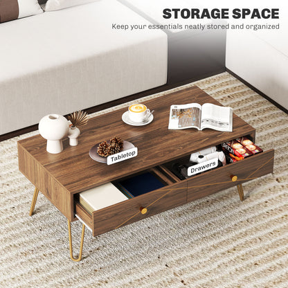 Susele Metal And Wooden Brown Rectangular Coffee Table With Drawers Gold Detail