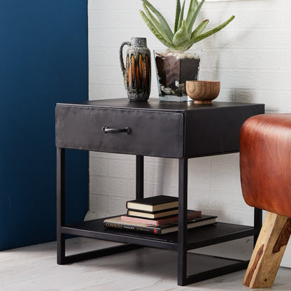 Hanko Industrial Small Black Metal Side Table 1 Drawer