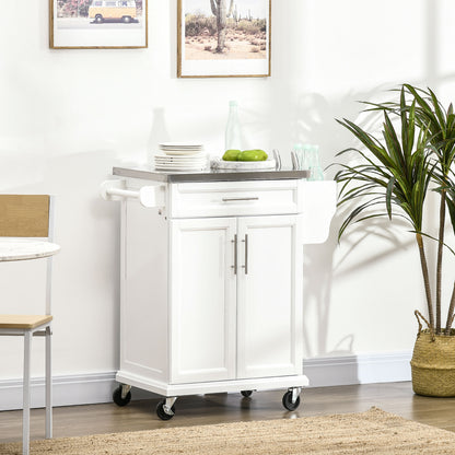 Nenapa Wooden White Kitchen Island On Wheels With Stainless Steel Top Drawer And Side Rack
