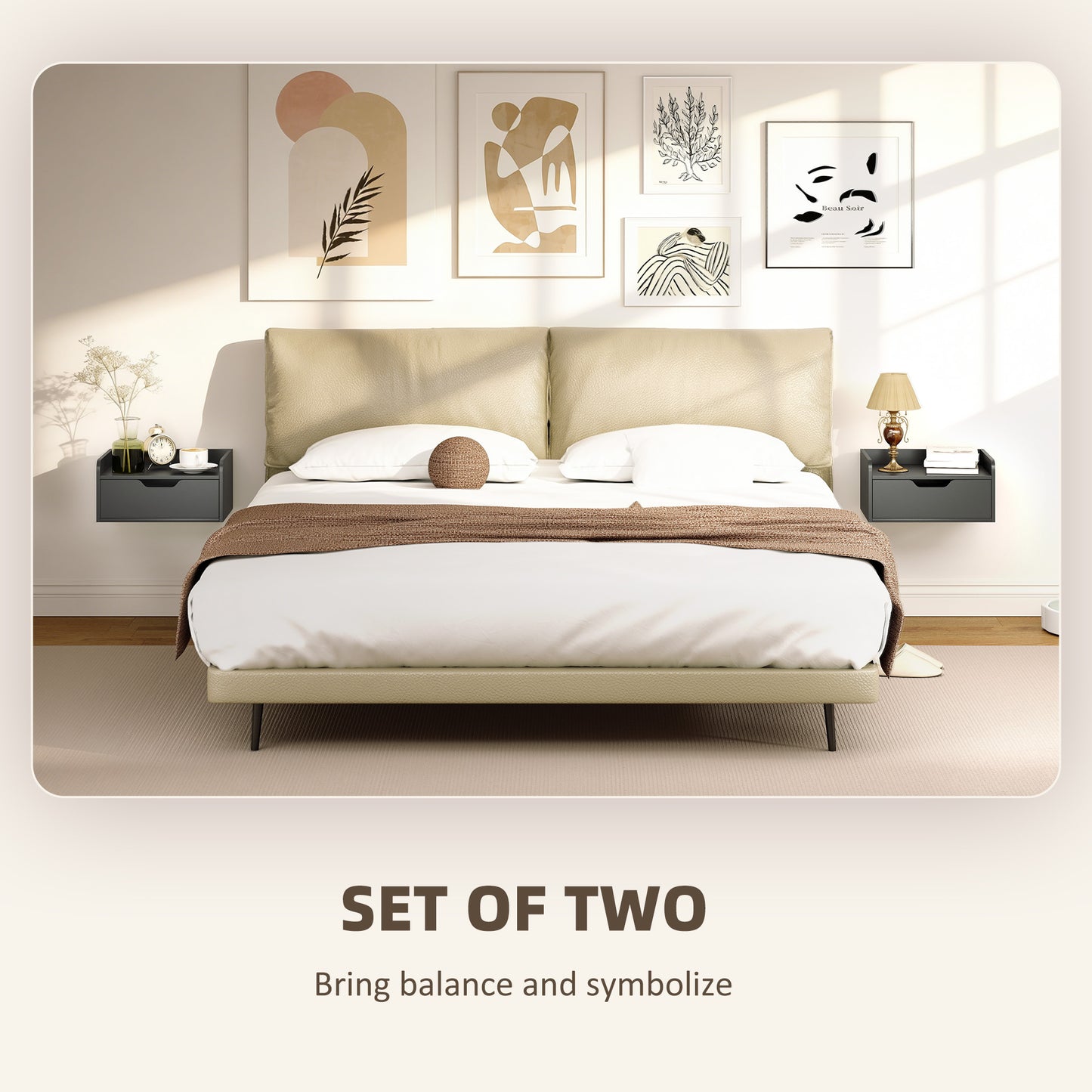 Levaco Set Of 2 Wall Mounted Wooden Black Bedside Tables With Drawer Storage