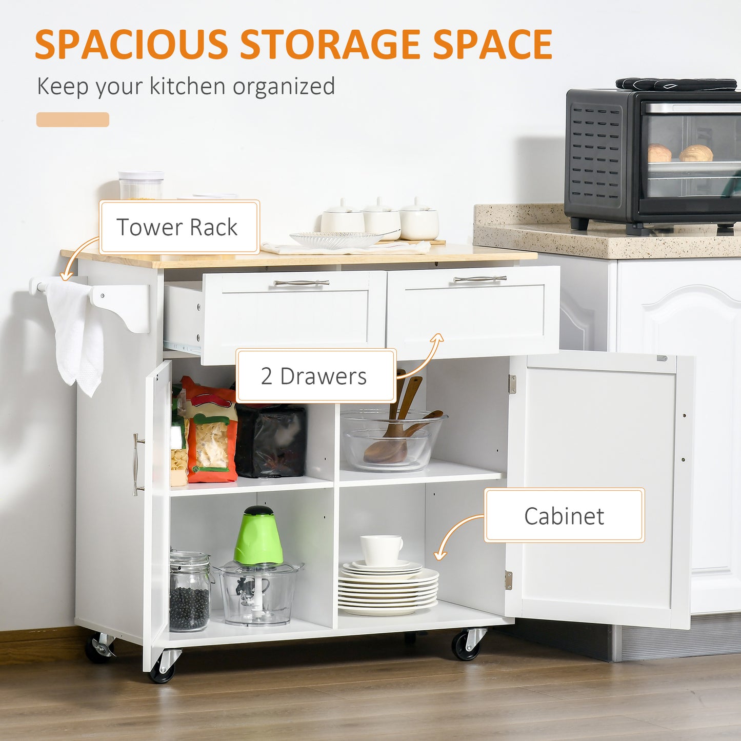 Nopaso Wooden White Kitchen Island With Drawers And Cupboards
