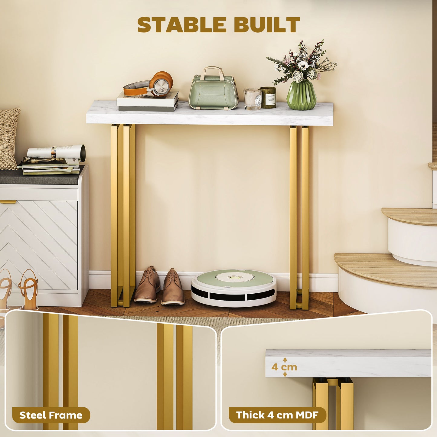 Mahota Metal And Faux Marble White Slim Entryway Console Table With Safety Bracing