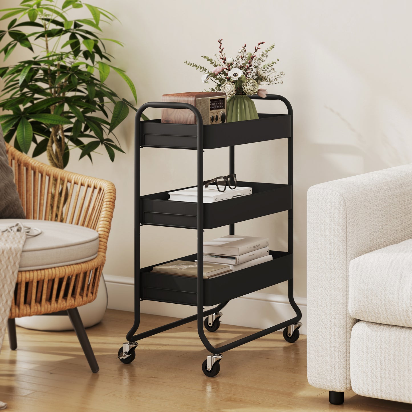 Rakemi Metal Black 3 Tier Rolling Utility Trolley With Mesh Baskets