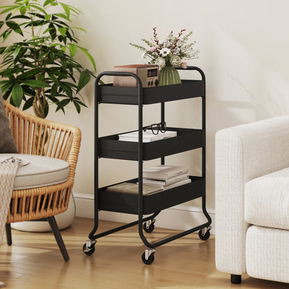Rakemi Metal Black 3 Tier Rolling Utility Trolley With Mesh Baskets