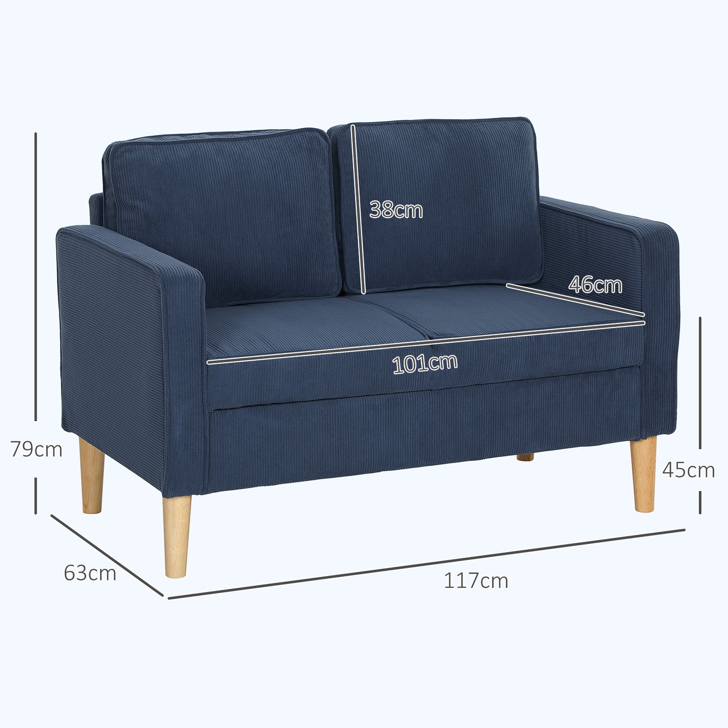 Rozike Nodi Corduroy Blue Compact 2 Seater Sofa Natural Wooden Legs