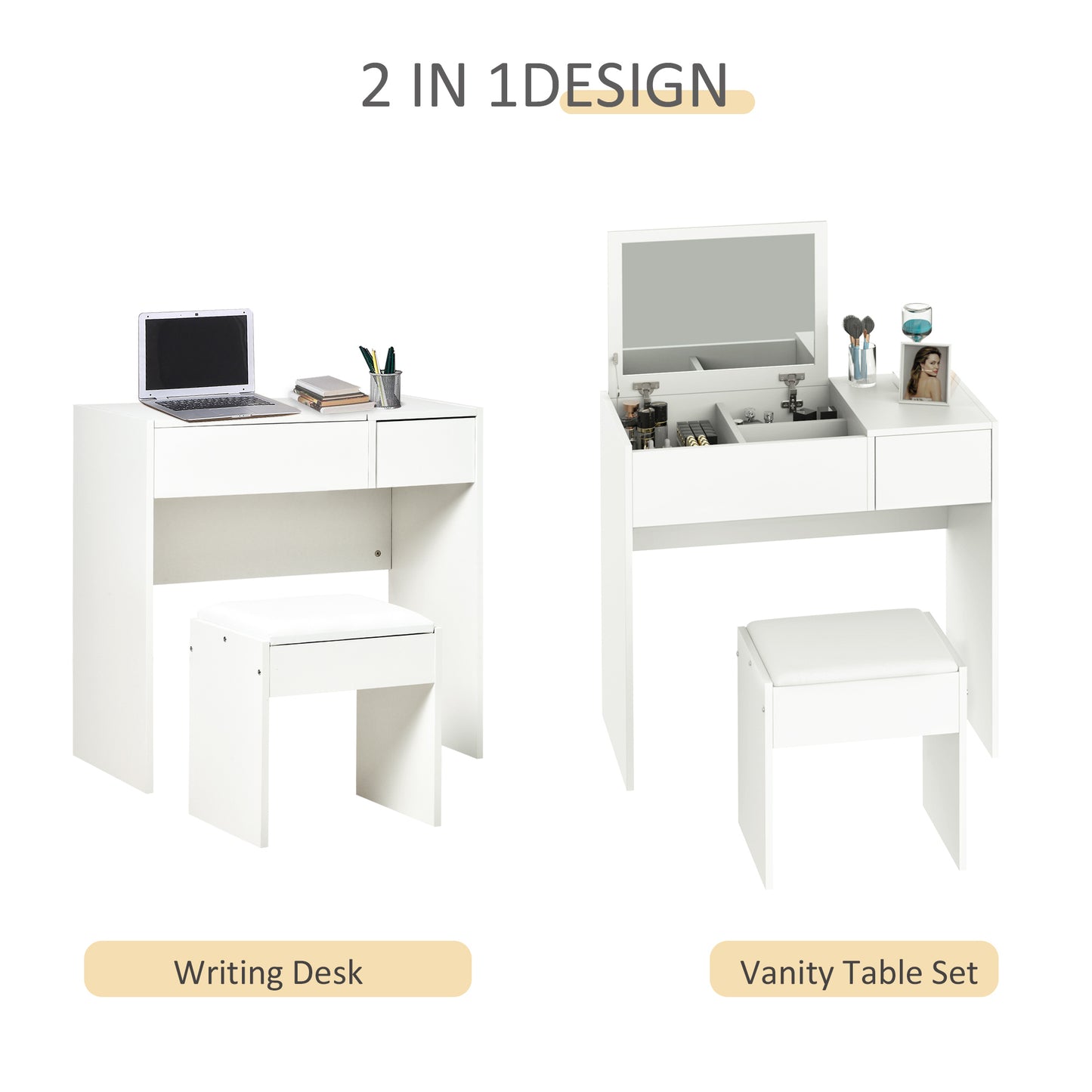 Fimazi Mola White Vanity Desk With Flip Mirror Drawer Storage And Cushioned Stool