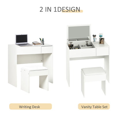 Fimazi Mola White Vanity Desk With Flip Mirror Drawer Storage And Cushioned Stool