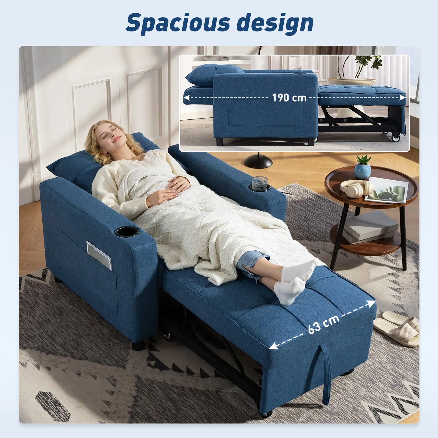 Norapa Fabric Dark Blue 3 In One Convertible Single Sofa Bed