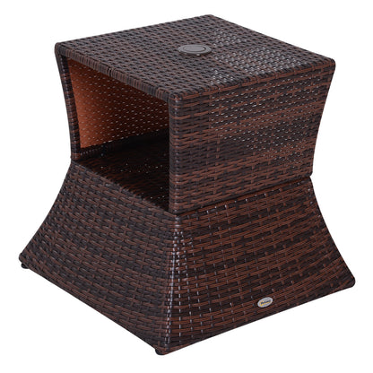 Lekavi Rattan Brown Outdoor Coffee Table With Umbrella Open And Shelf