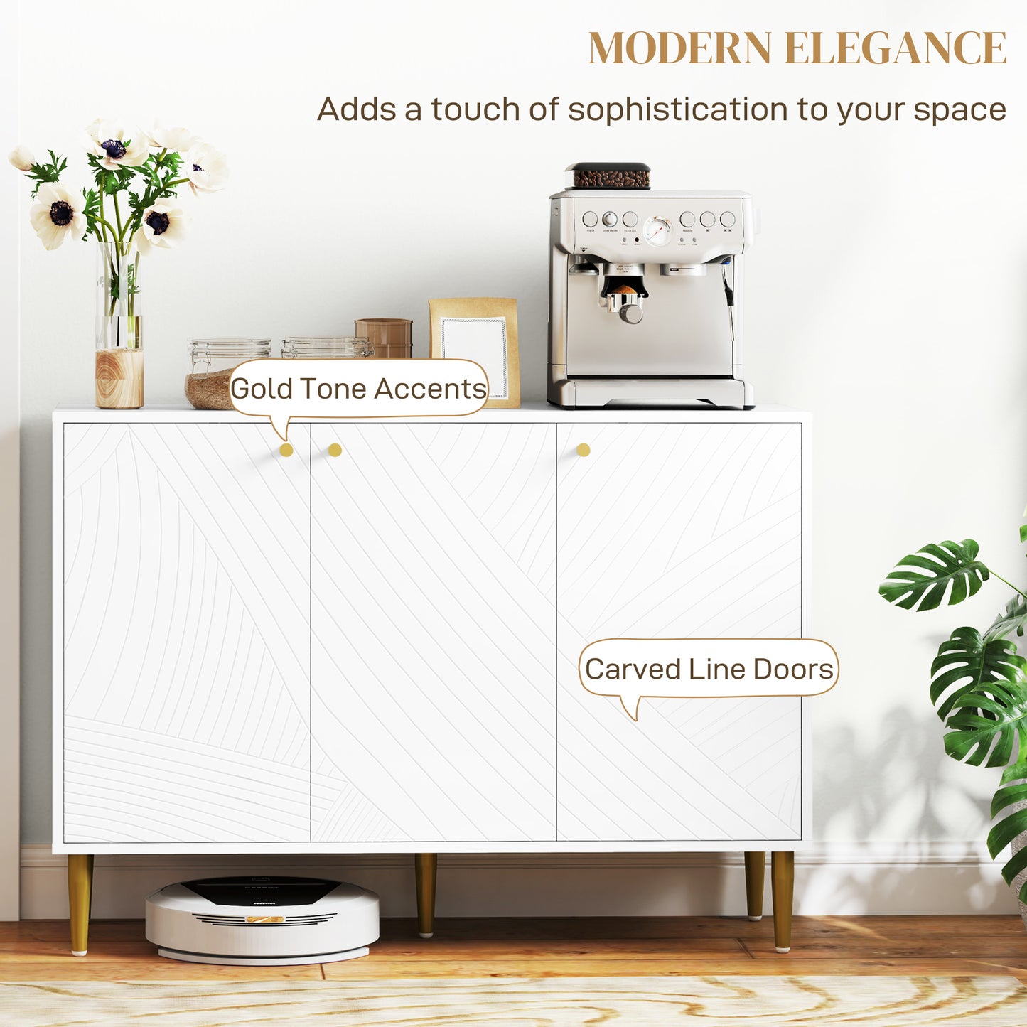 Rasuno Ledi White And Gold Tone 2 Cupboard with Scandi Line Pattern