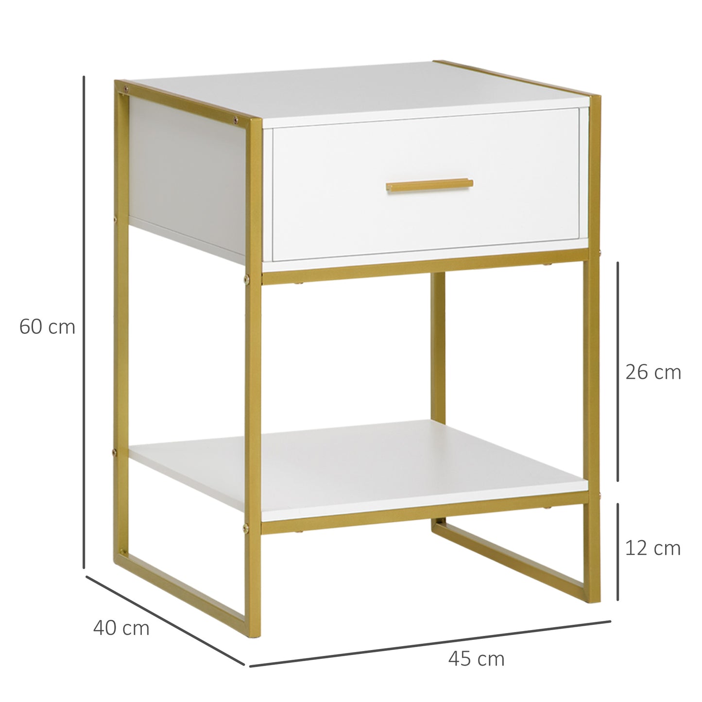 Niva White And Gold Set Of 2 Modern Bedside Tables With Drawer And Shelf