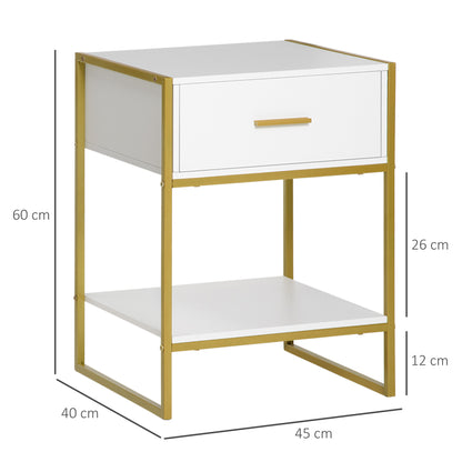 Niva White And Gold Set Of 2 Modern Bedside Tables With Drawer And Shelf