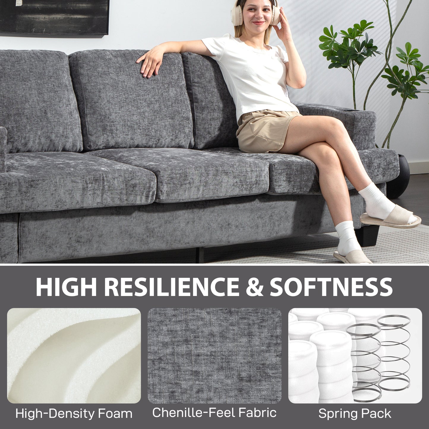 Sefa Grey 3 Seater Sofa With Integrated USB Ports And Cup Holders