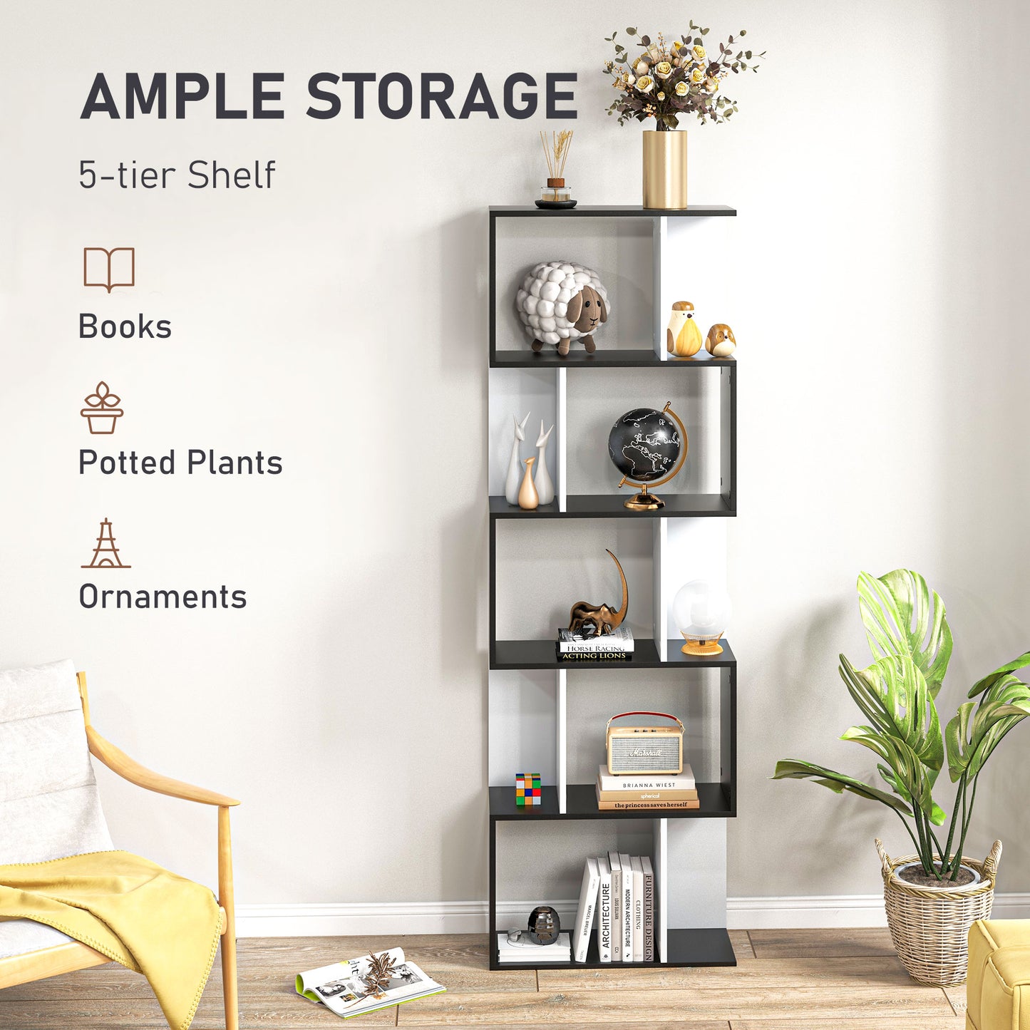 Noli Diha Wood And Metal Black And White S ShaFauxd Freestanding Bookcase With 5 And 6 Tier Layout
