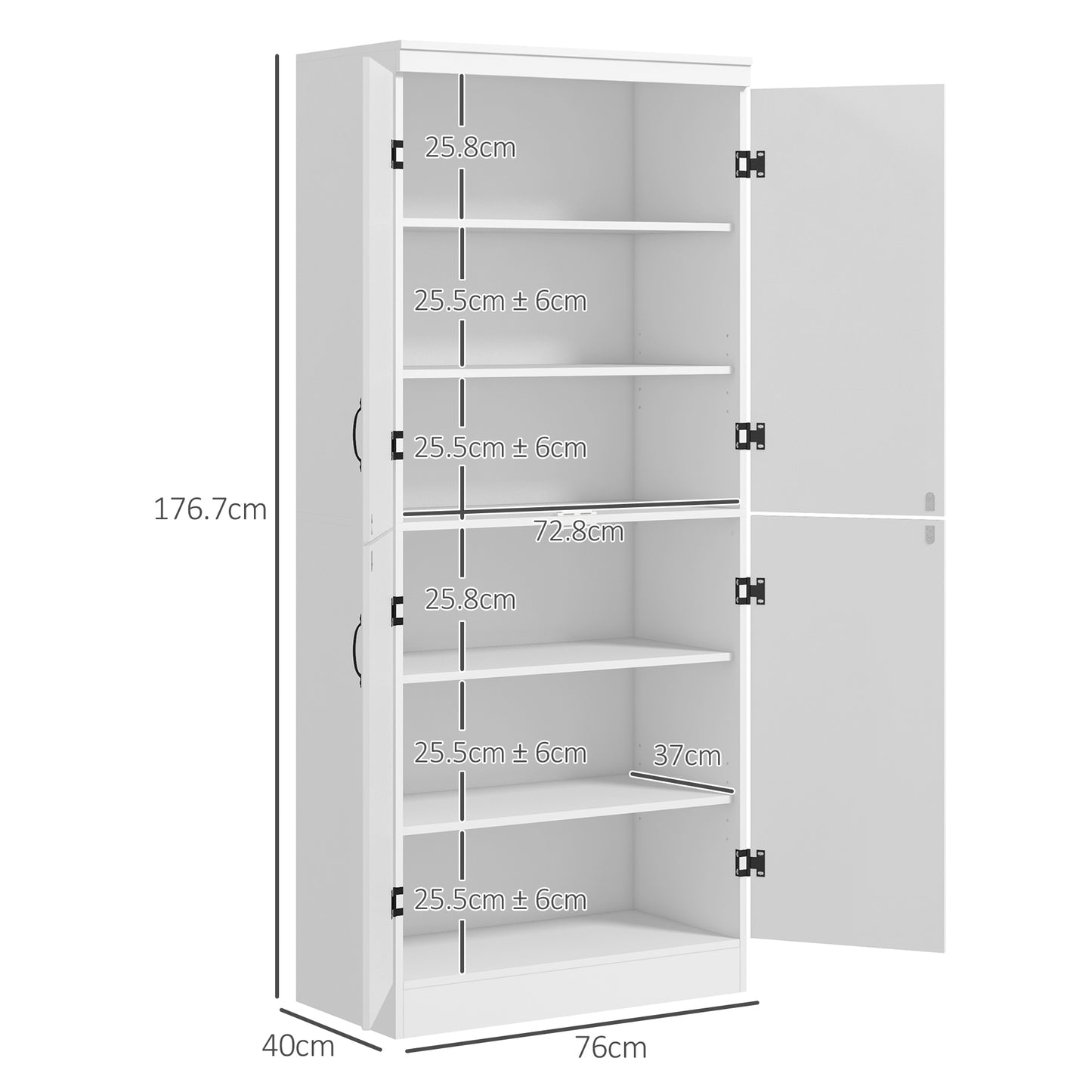 Nahado Wooden White 4 Door Tall Kitchen Cupboard With 6 Tier Storage And Adjustable Shelves