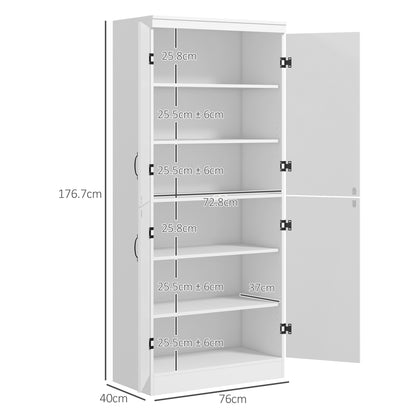 Nahado Wooden White 4 Door Tall Kitchen Cupboard With 6 Tier Storage And Adjustable Shelves