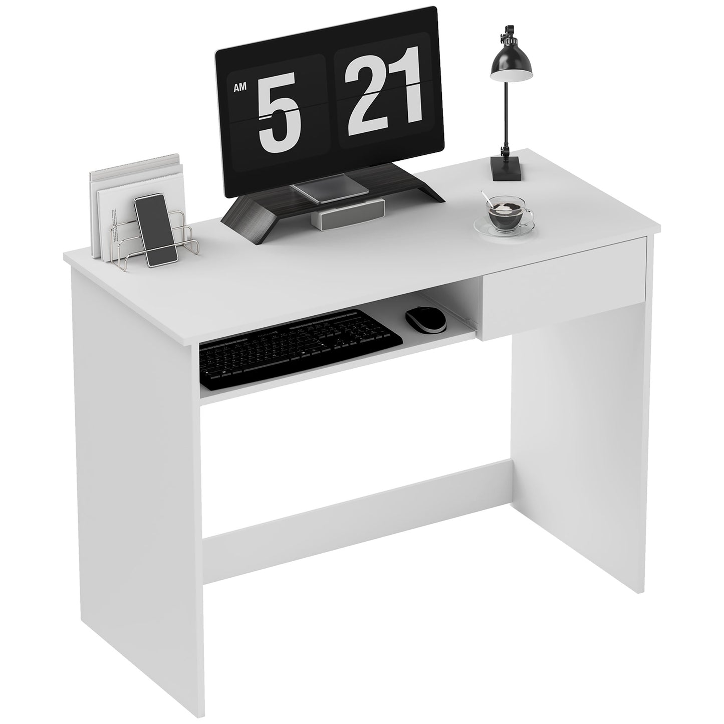 Lohalu 100cm Wooden White Compact Home Office Desk With Keyboard Tray And Drawer Storage