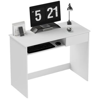Lohalu 100cm Wooden White Compact Home Office Desk With Keyboard Tray And Drawer Storage