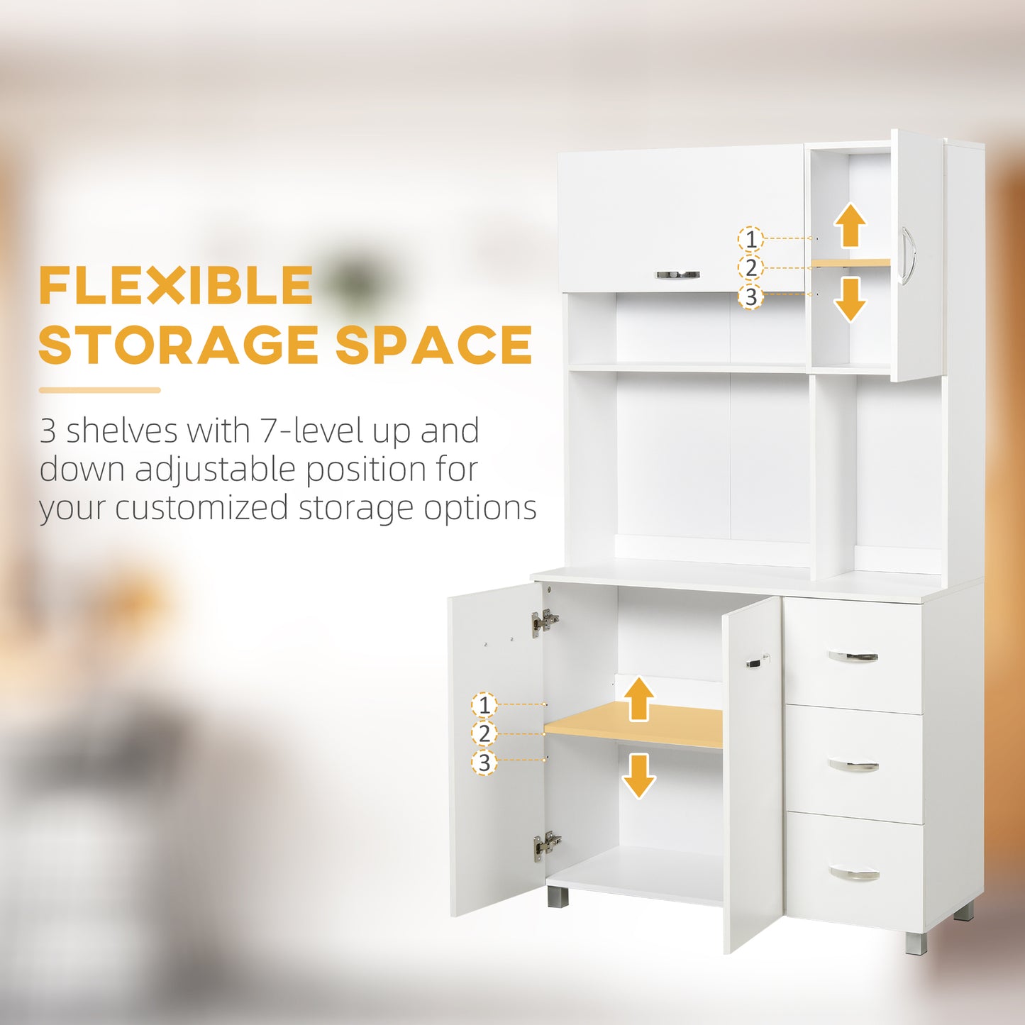 Vivivi Hapa Wooden White Tall Kitchen Sideboard With Drawers Flip Door Cupboards And OFauxn Shelves