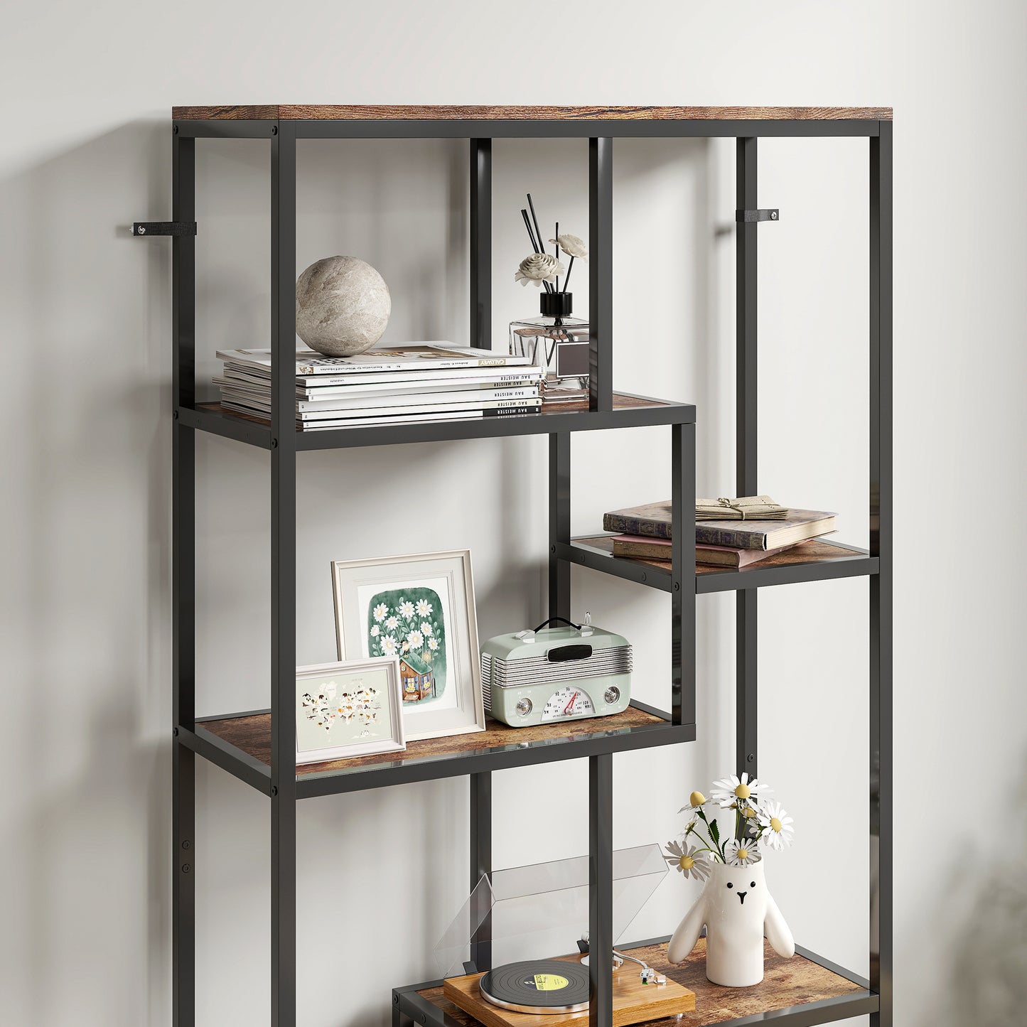 Lulomi Wood And Metal Brown And Black 7 Tier Geometric Display Bookcase